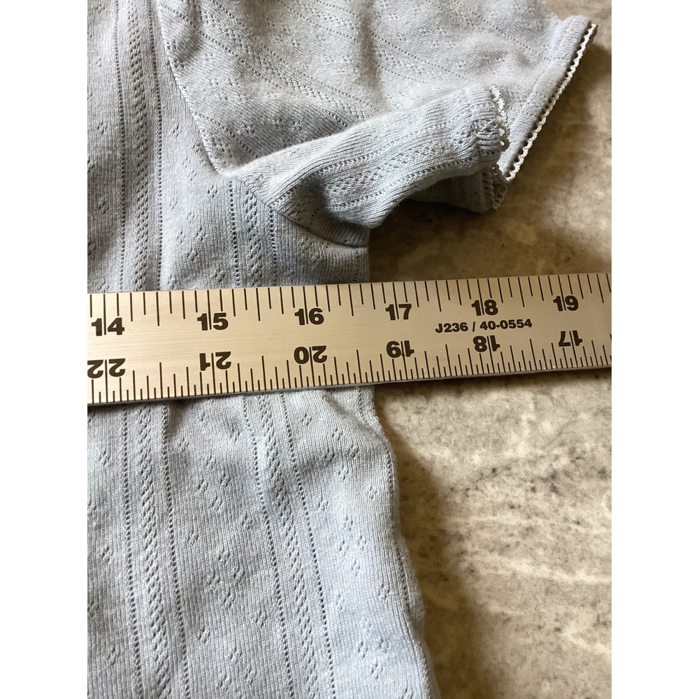 Things Between Light Blue Cotton Pointelle Knit Lace Trim Short Sleeve Top S - Picture 4 of 7